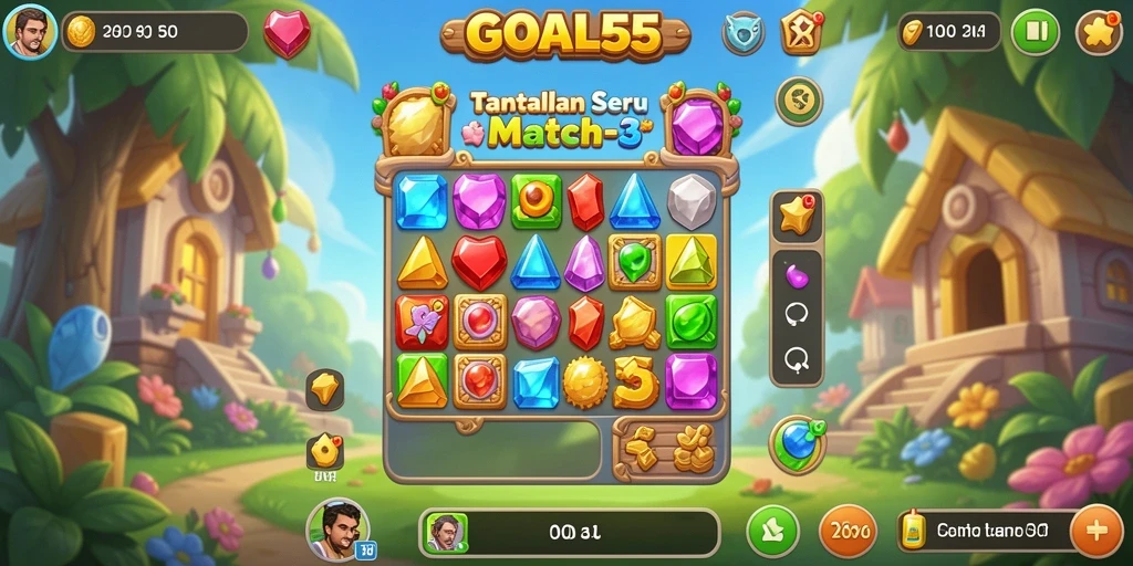 Screenshot gameplay GOAL55 menampilkan aksi mencocokkan seru.