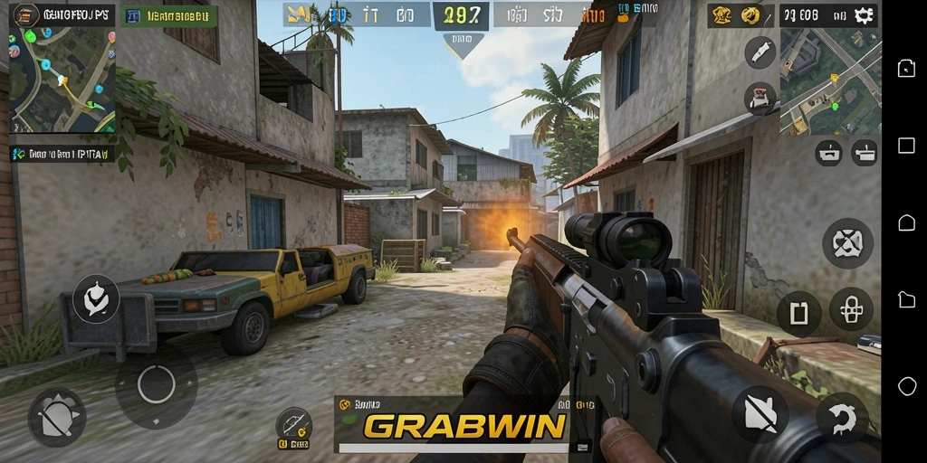 Tangkapan layar utama gameplay GRABWIN menampilkan aksi tembak-menembak yang mendebarkan.