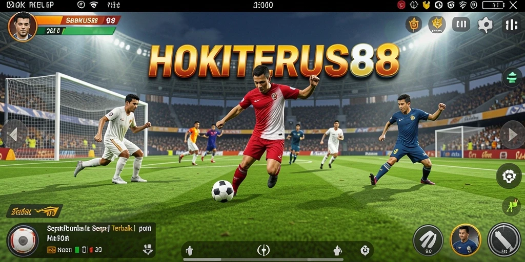 Screenshot gameplay HOKITERUS88 dengan aksi sepak bola yang mendebarkan.