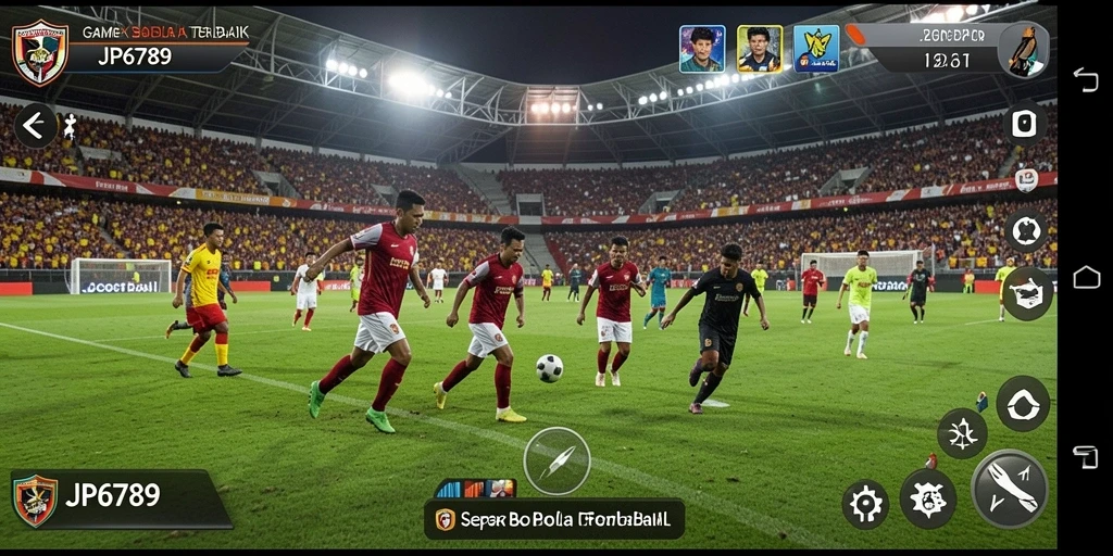 Tangkapan layar utama gameplay dengan aksi sepak bola yang seru.