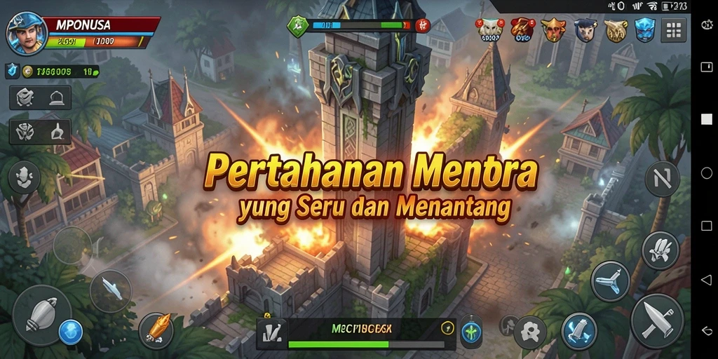 Tampilan gameplay MPONUSA yang penuh aksi dari genre Tower Defense.