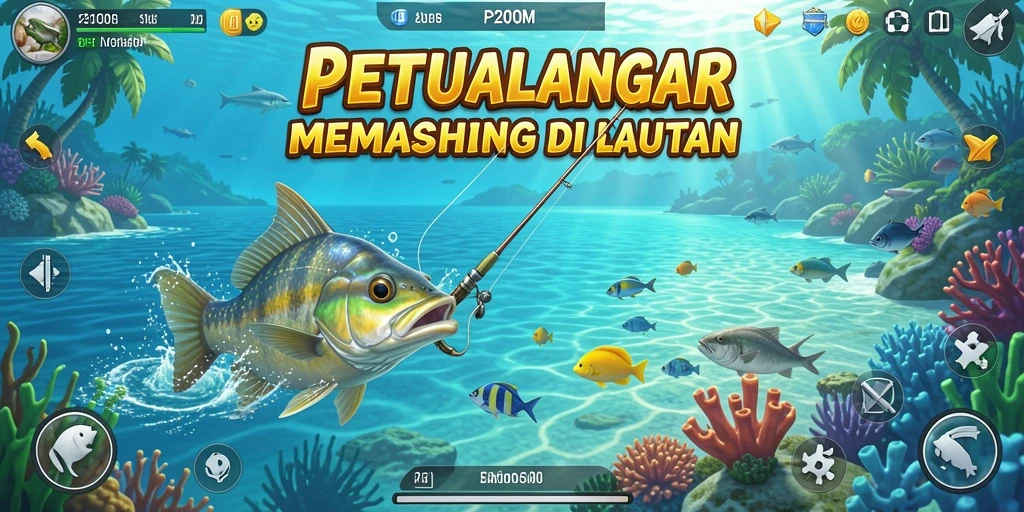 Tampilan gameplay P200M dengan aksi memancing yang seru.