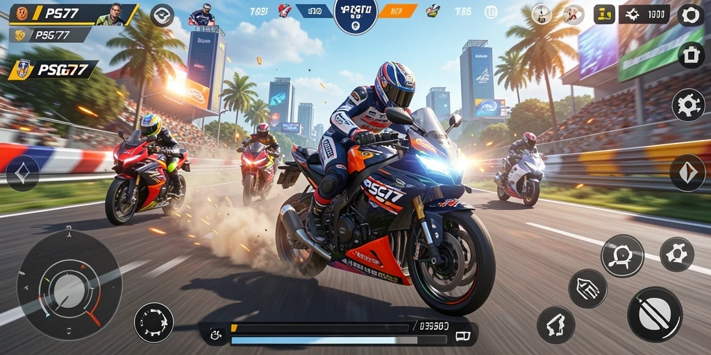 Gameplay PSG77 yang seru dengan balapan motor cepat.