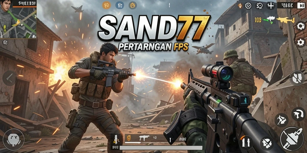 Screeenshot SAND77 menampilkan aksi pertarungan FPS yang intens.
