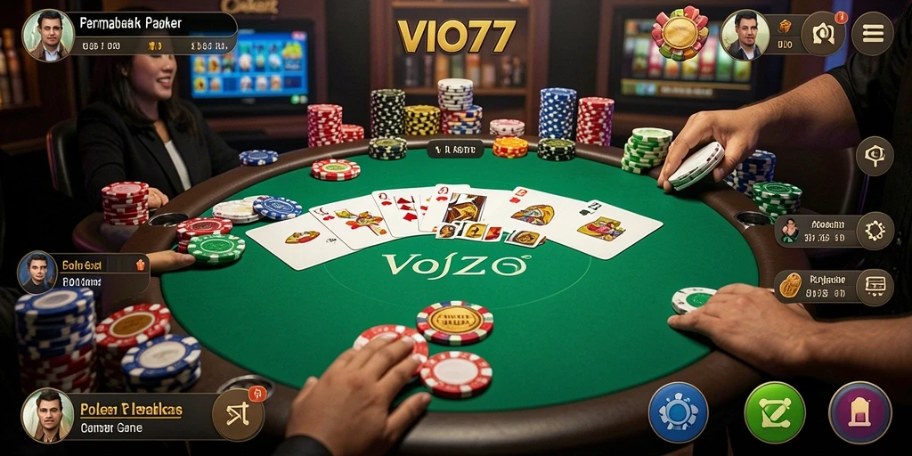 Screenshot gameplay VIO77 menunjukkan suasana permainan Poker yang mendebarkan.